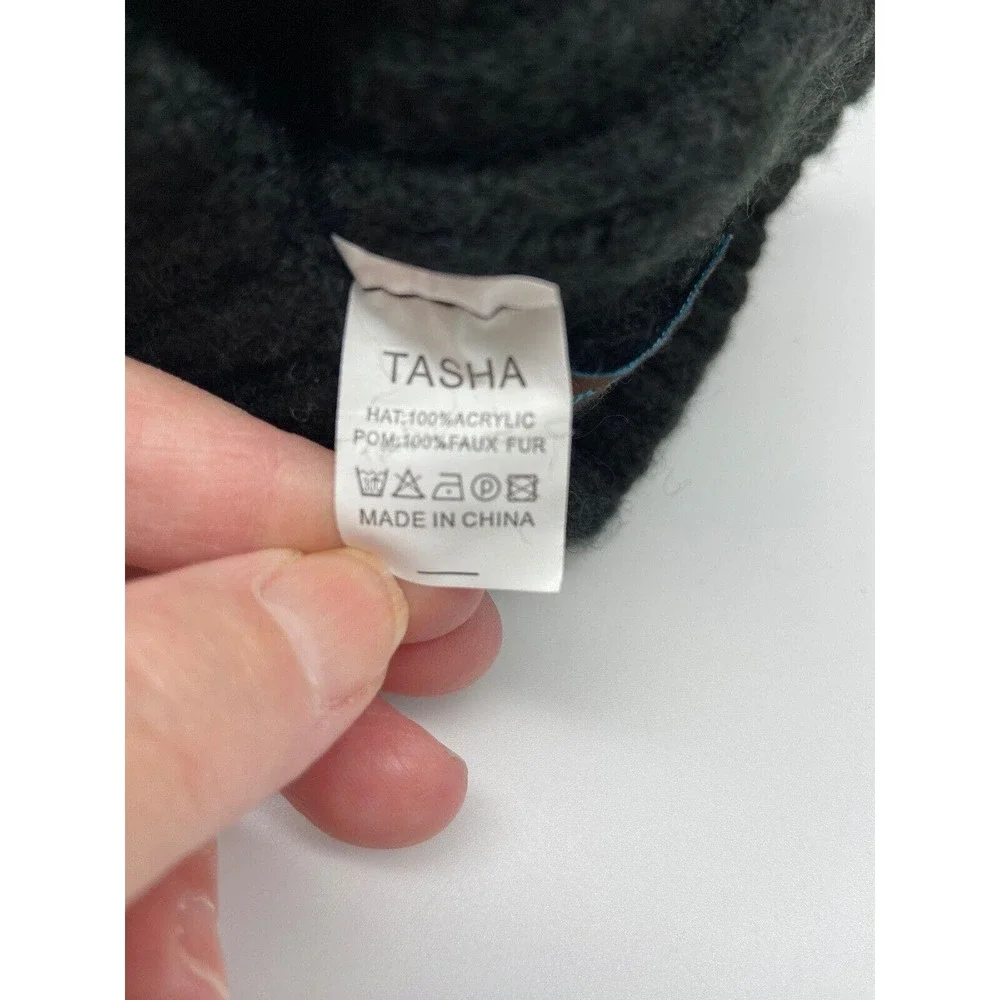 Natasha Beanie Hat Woman Dark Gray‎ Ribbed Furry Pom New